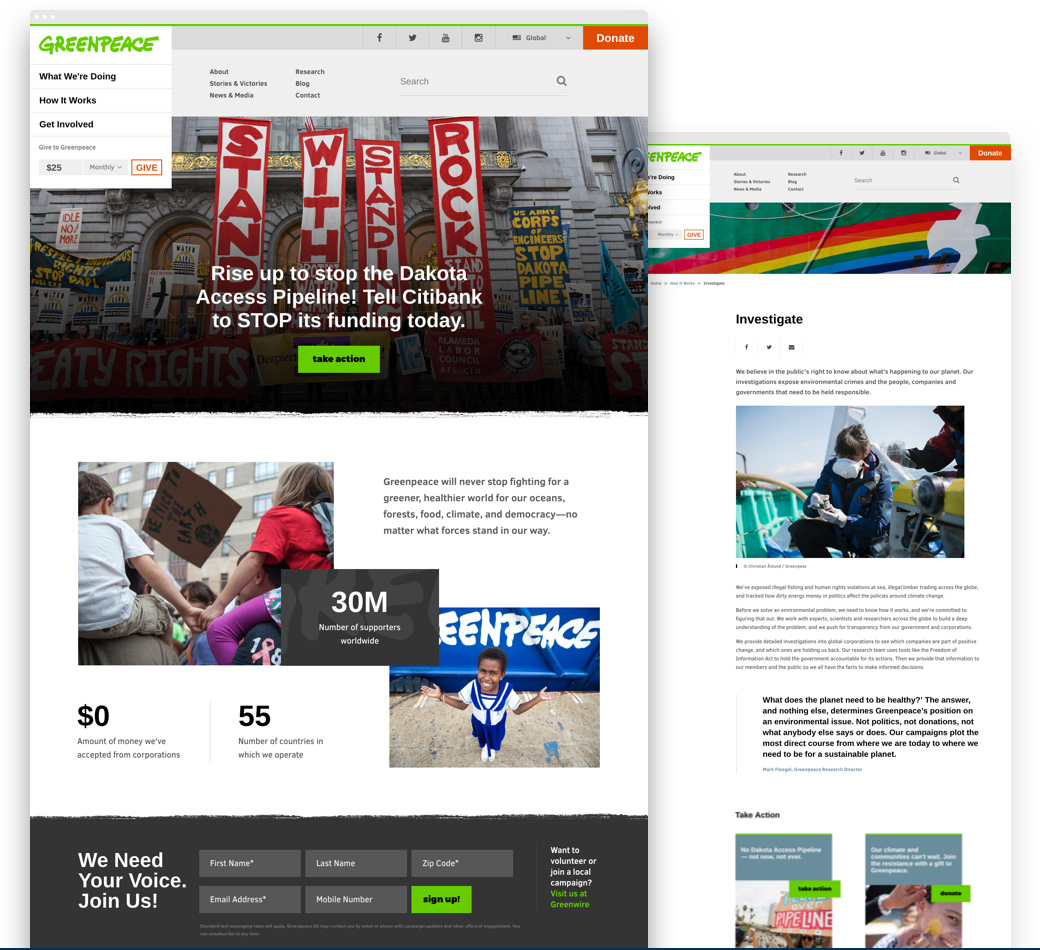 Images of the redesigned home page of Greenpeace USA