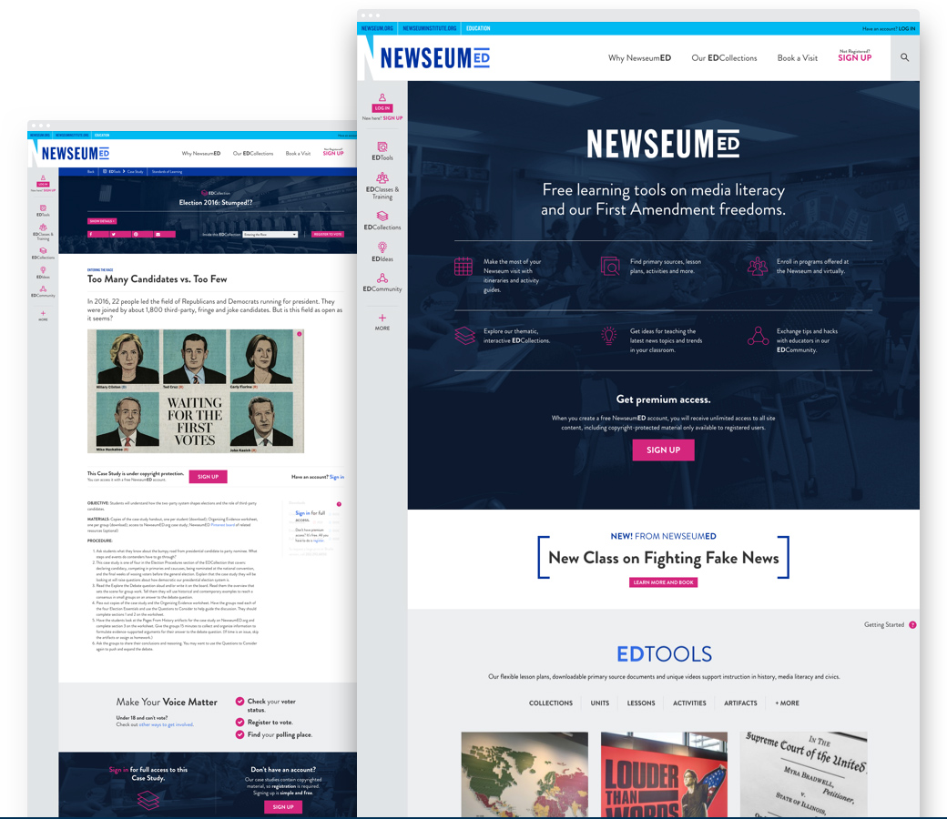 Image of the redesigned NewseumED home page and tools page